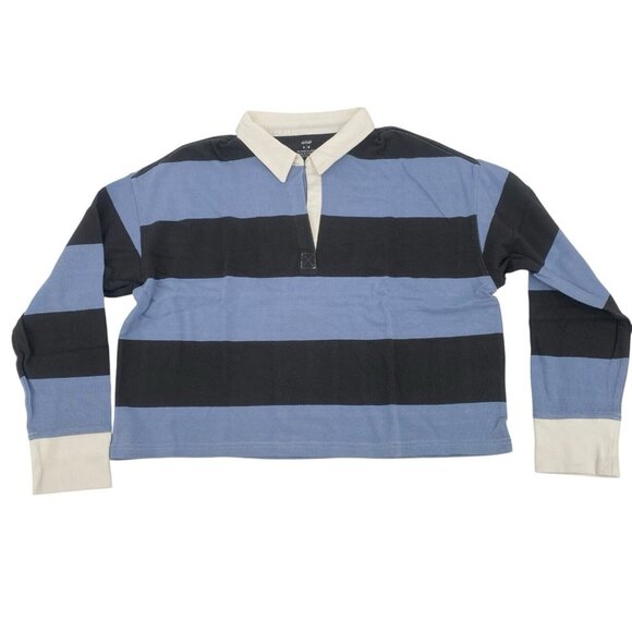Aerie Size M Blue and Gray Striped Rugby Cropped Polo Shirt Long Sleeve - Picture 1 of 12